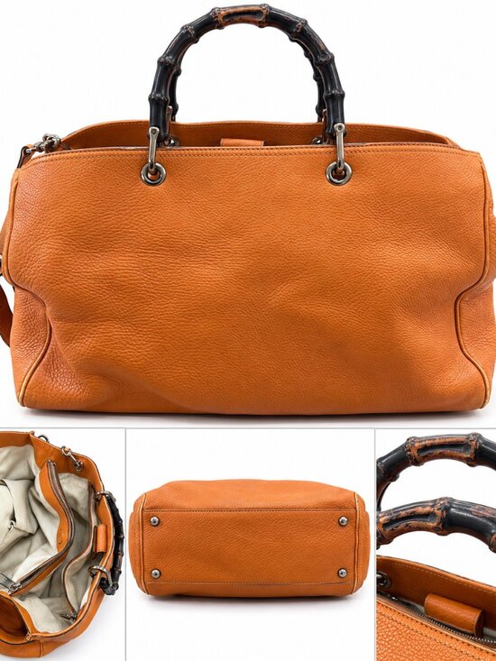 Gucci Handbags - Tan Orange Pebbled Gucci Handbag with Bamboo Handles & Shoulder Strap – Preowned